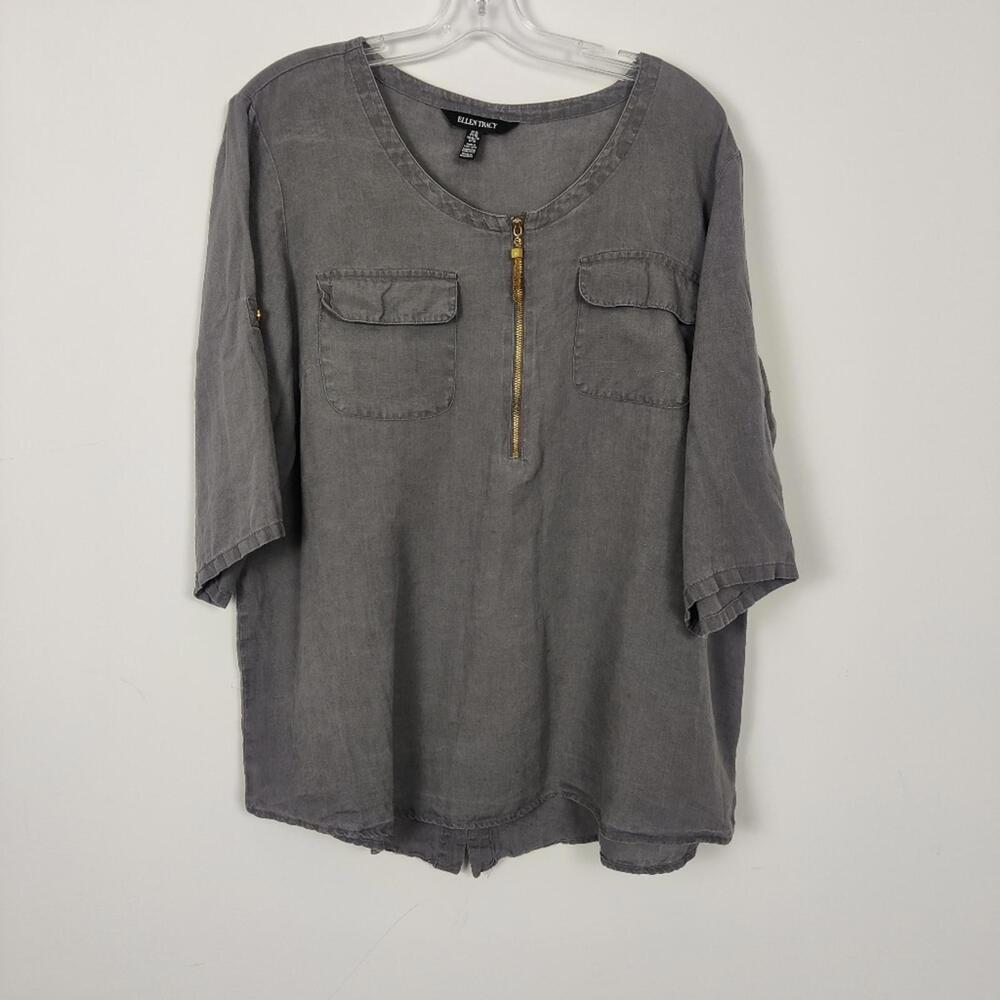 Ellen Tracy Women's 100% Linen Blouse in Gray Quiet Luxury Old Money Size XL